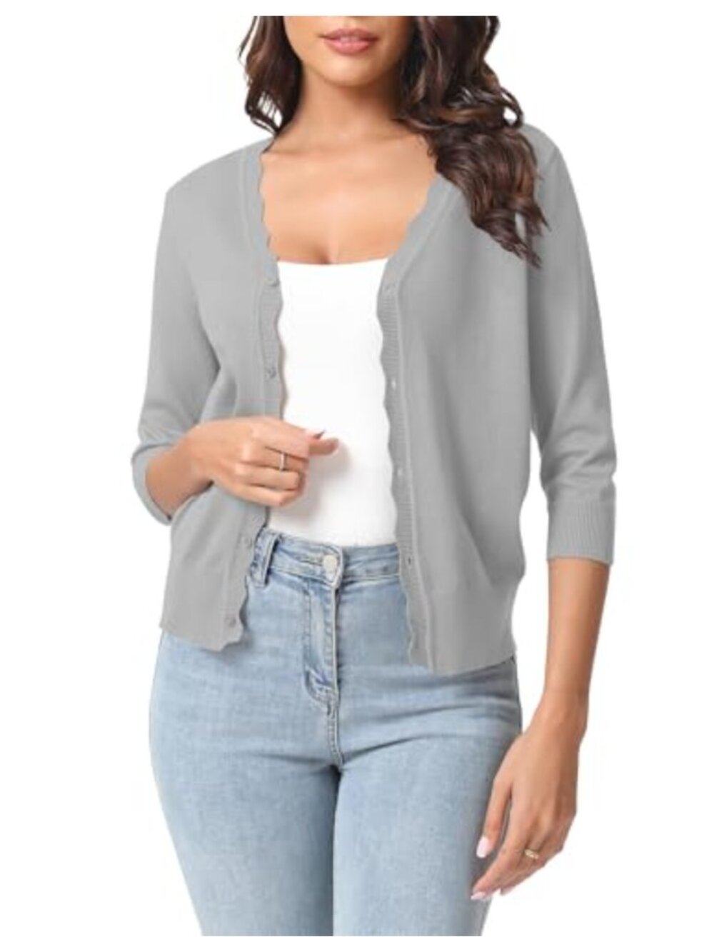3/4 Sleeve V-Neck Cardigan Sweater for Women Lightweight Knit Shrugs Open Front
